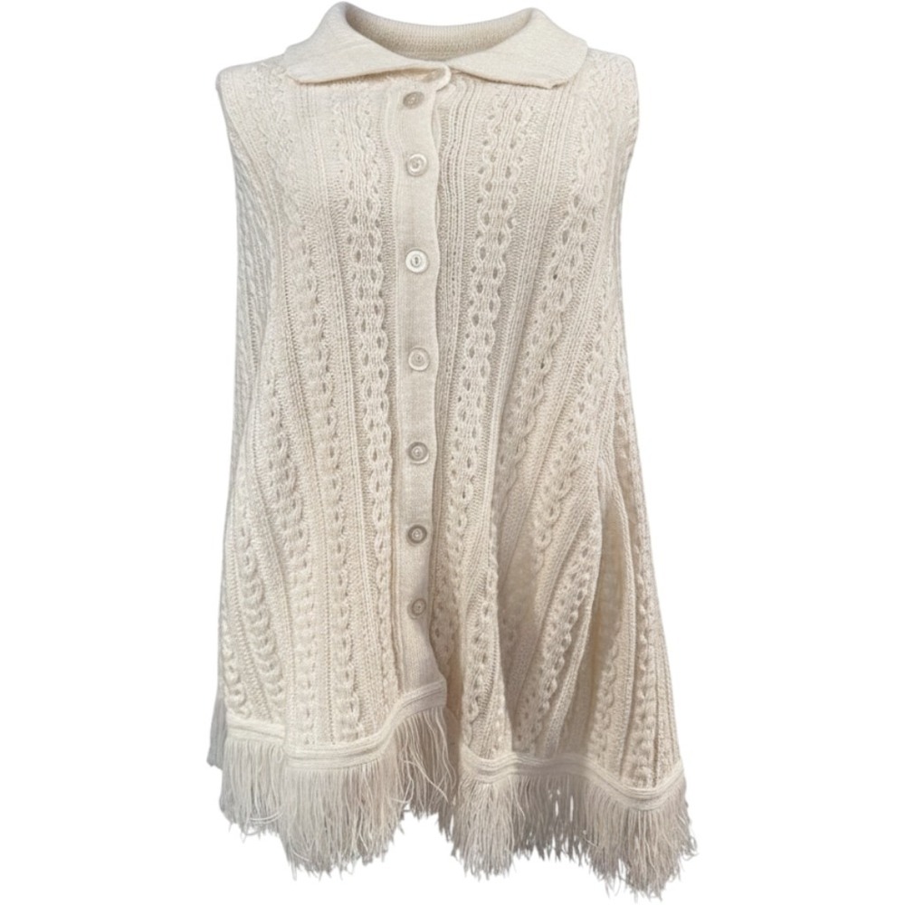 Cottagecore Cream Cable Knit Button Boho Front Poncho Cape Fringe Collared 70s